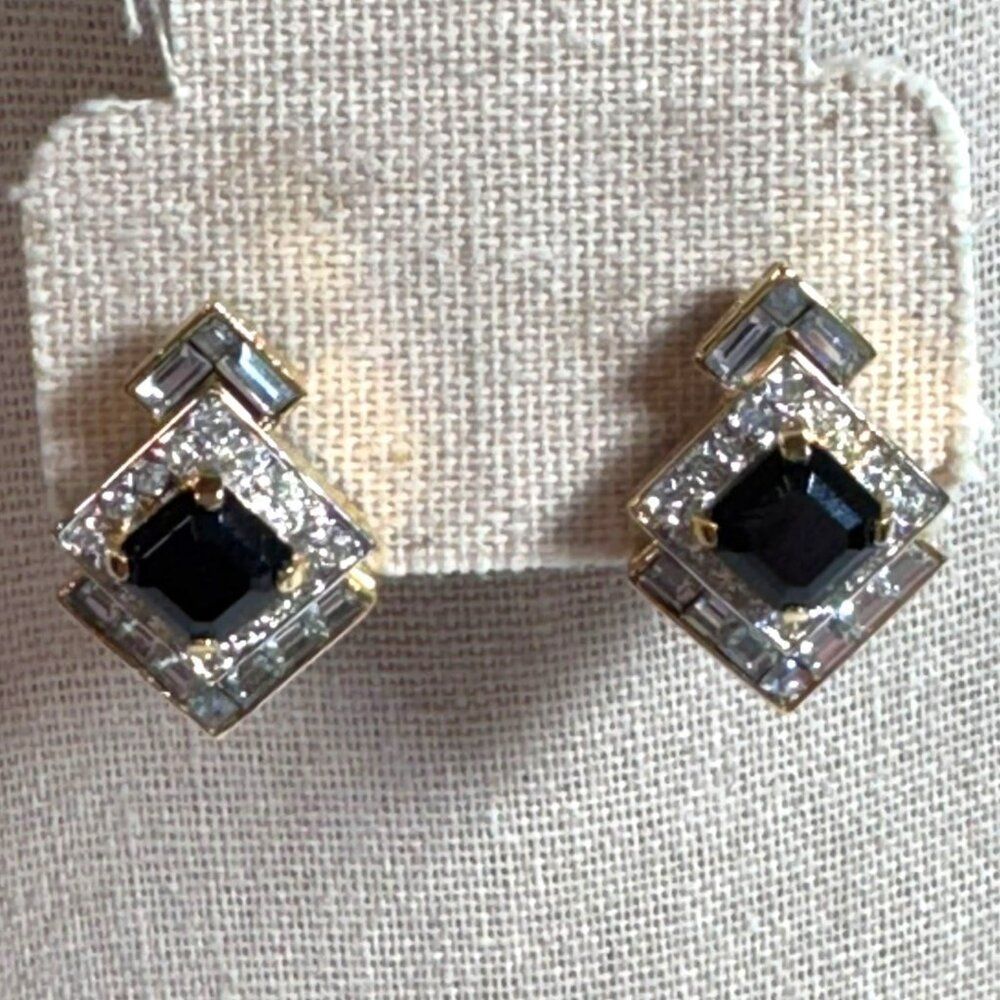 Vintage D'orlan Bijoux Black Clear Crystal Gold-Tone Omega Back Earrings Diamond